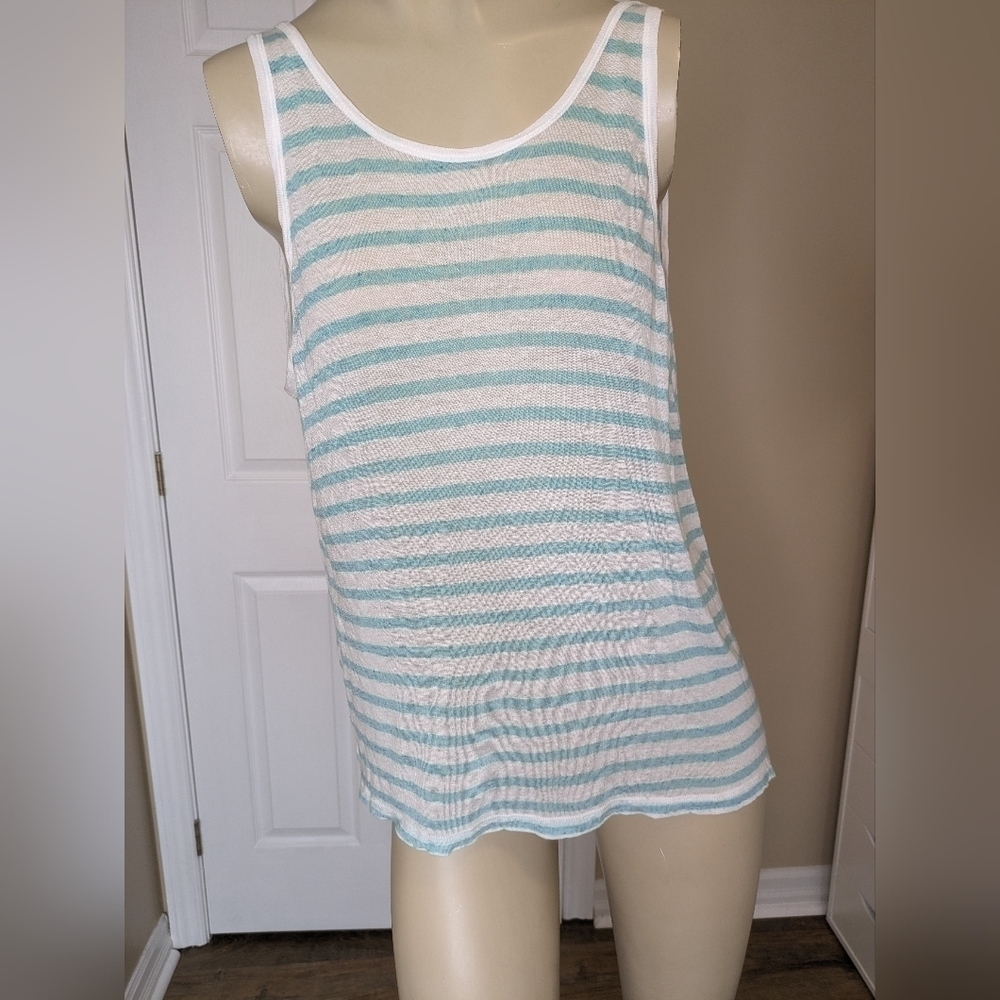 T Alexander Wang linen blend stripe tank top white and turquoise